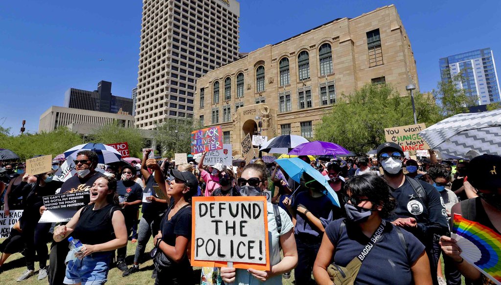 Protesters rally on June 3, 2020, in Phoenix, demanding that the Phoenix City Council defund the Phoenix Police Department. (AP)