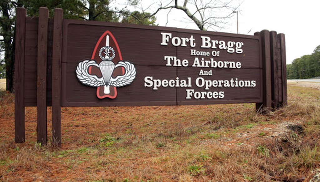 A sign at Fort Bragg in North Carolina, named for a Confederate general. (AP)