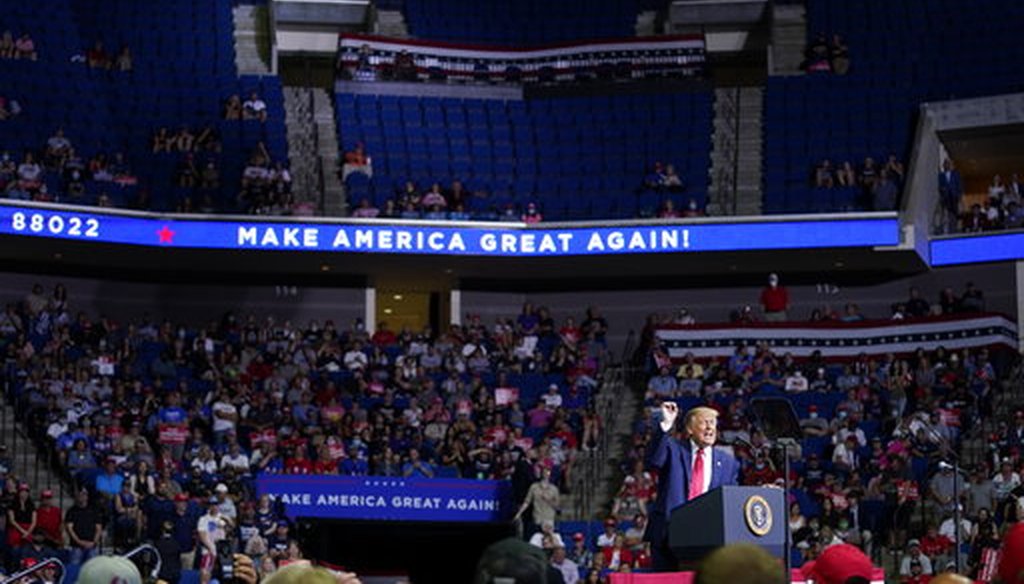 President Donald Trump speaks during a campaign rally at the BOK Center on June 20, 2020, in Tulsa, Okla. (AP/Vucci)