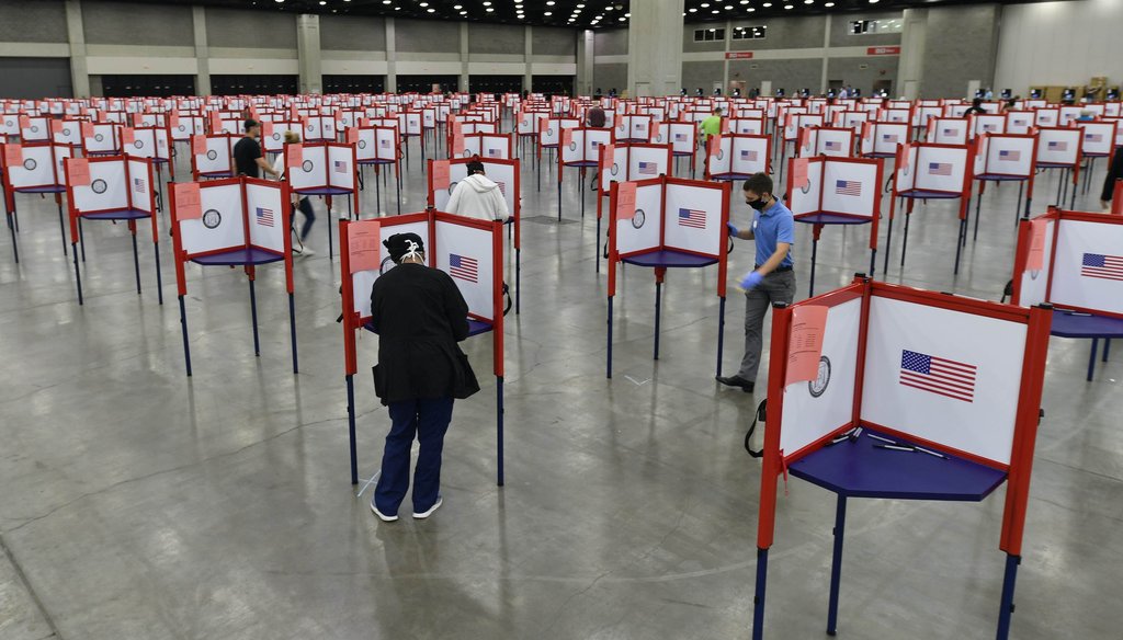In this June 23, 2020, file photo voting stations are set up in the South Wing of the Kentucky Exposition Center for voters to cast their ballot in the Kentucky primary in Louisville, Ky. (AP)