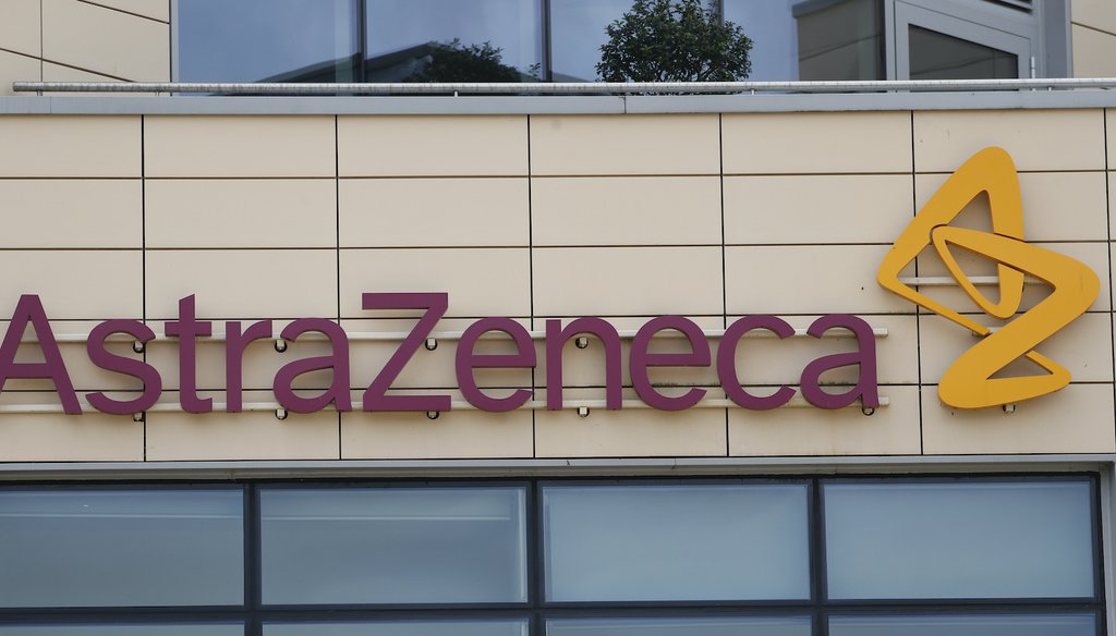 A general view of AstraZeneca offices and the corporate logo in Cambridge, England. (AP)