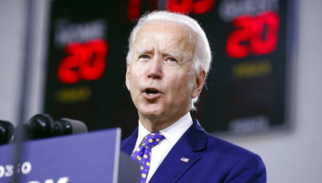 Democratic presidential candidate and former Vice President Joe Biden speaks at a campaign event at the William "Hicks" Anderson Community Center in Wilmington, Del., on July 28, 2020. (AP/Harnik)
