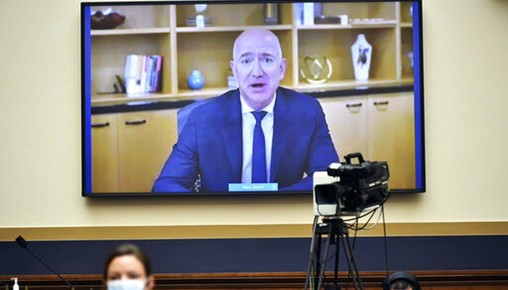 Amazon CEO Jeff Bezos testifies remotely during a House Judiciary subcommittee on antitrust on Capitol Hill on Wednesday, July 29, 2020, in Washington. (AP)