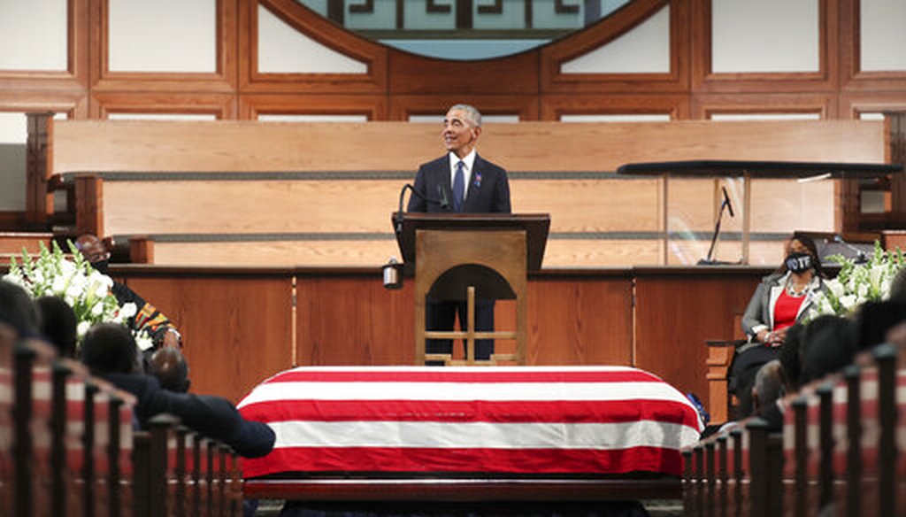 Former President Barack Obama speaks during the funeral for the late Rep. John Lewis, D-Ga., in Atlanta on July 30, 2020. (Atlanta Journal-Constitution via AP, Pool)