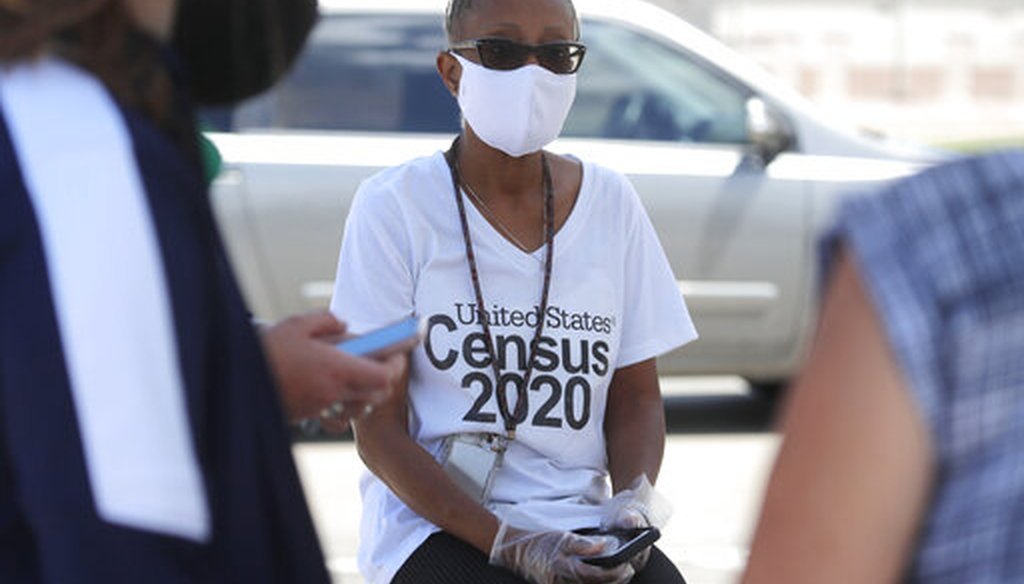 Census worker Jennifer Pope wears a mask at a U.S. Census walk-up counting site in Greenville, Texas, on July 31, 2020. (AP)