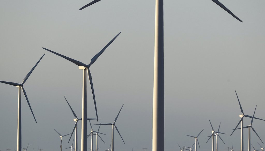 Wind turbines are seen by a rural road off of Interstate 20 on July 29, 2020, near Sweetwater, Texas. (AP/Gutierrez)