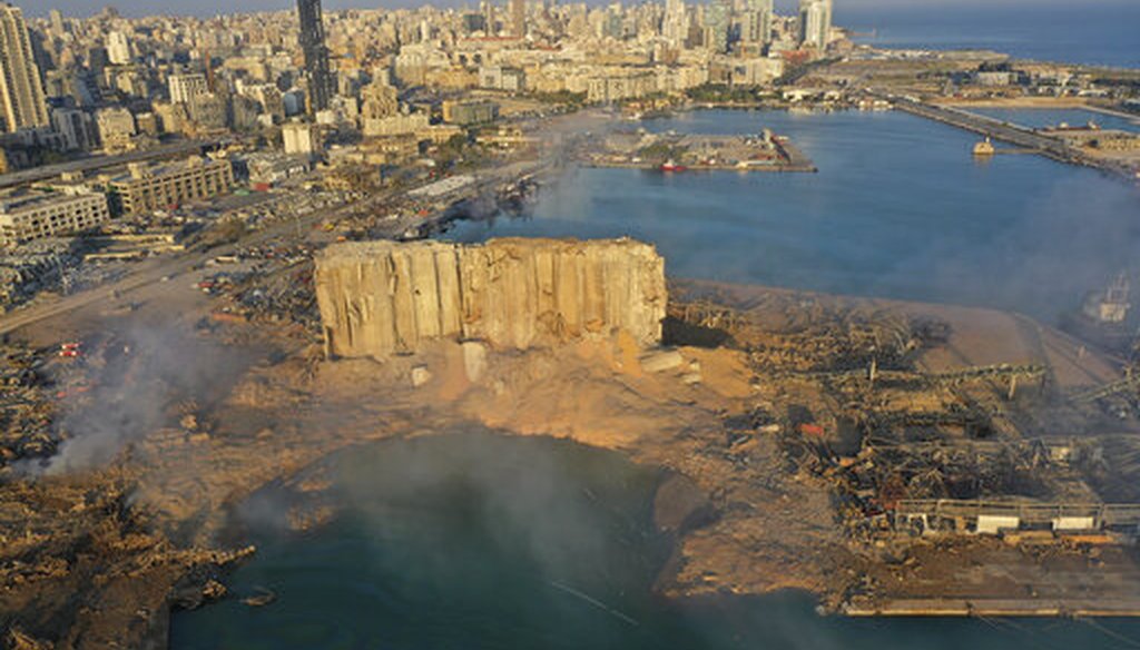 A drone picture shows the scene of an explosion that hit the seaport of Beirut, Lebanon, on Aug. 5, 2020. (AP)