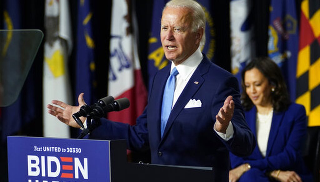 Democratic presidential candidate former Vice President Joe Biden joined by his running mate Sen. Kamala Harris, D-Calif., speaks during a campaign event at Alexis Dupont High School in Wilmington, Del., Aug. 12, 2020. (AP/Carolyn Kaster)