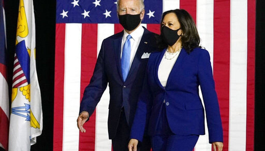 Democratic presidential candidate former Vice President Joe Biden and his running mate Sen. Kamala Harris, D-Calif., arrive to speak at a news conference at Alexis Dupont High School in Wilmington, Del., Aug. 12, 2020. (AP/Carolyn Kaster)