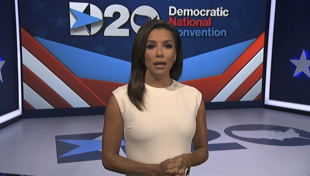 In this image from video, Eva Longoria, serving as moderator, speaks during the first night of the Democratic National Convention on Aug. 17, 2020. (DNC via AP)