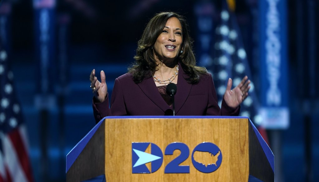 Democratic vice presidential candidate Sen. Kamala Harris, D-Calif., speaks during the third day of the Democratic National Convention on Aug. 19, 2020, at the Chase Center in Wilmington, Del. (AP)