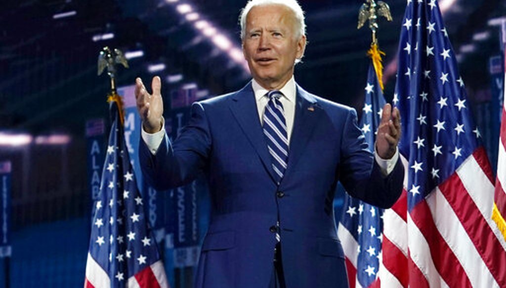 Democratic presidential candidate and former Vice President Joe Biden stands on stage during the third day of the Democratic National Convention in Wilmington, Del., on Aug. 19, 2020,  (AP/Kaster)