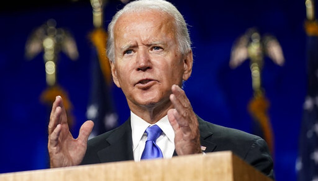 Democratic presidential candidate and former Vice President Joe Biden speaks during the Democratic National Convention on Aug. 20, 2020, at the Chase Center in Wilmington, Del. (AP/Harnik)