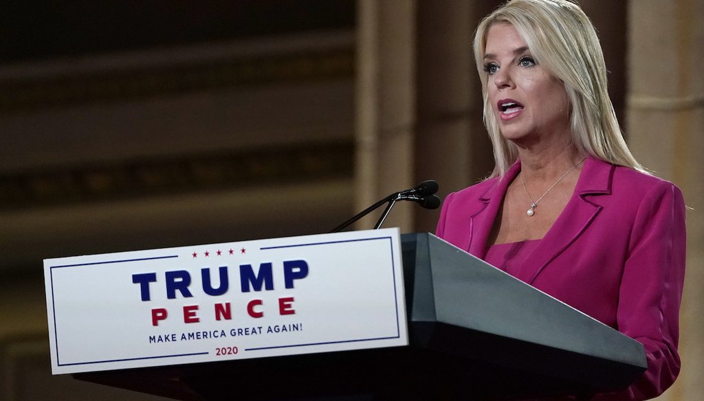 Former Florida Attorney General Pam Bondi speaks during the second day of the Republican National Convention from the Andrew W. Mellon Auditorium in Washington on Aug. 25, 2020. (AP)