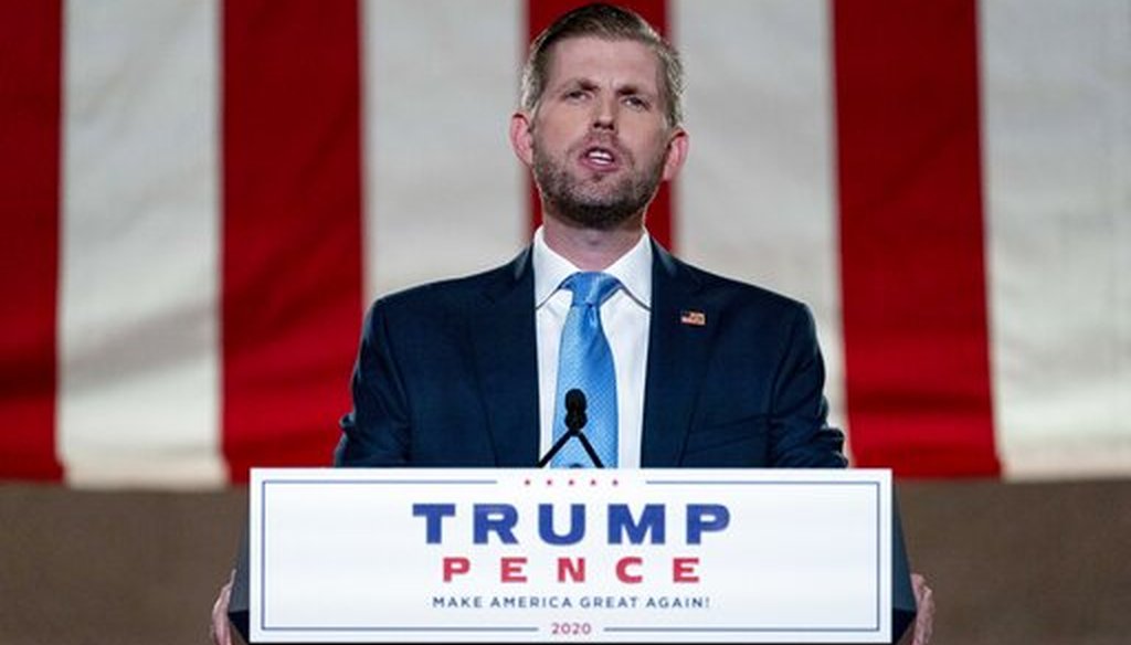 Eric Trump, the son of President Donald Trump, tapes his speech for the Republican National Convention from the Andrew W. Mellon Auditorium in Washington on Aug. 25, 2020. (AP/Harnik)