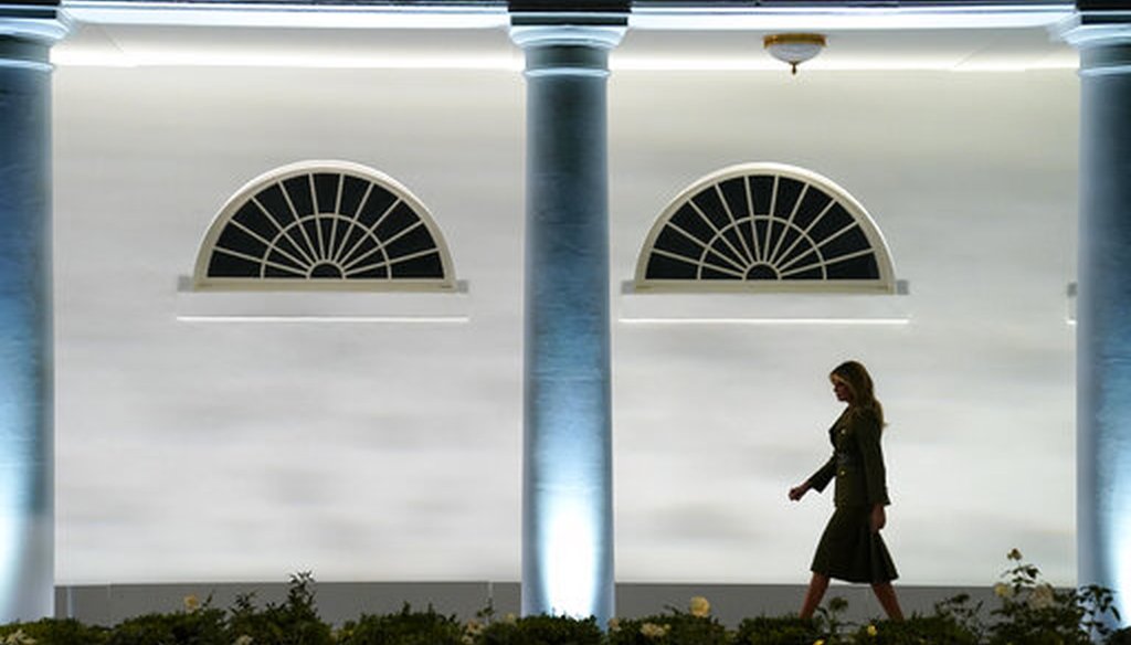 First Lady Melania Trump arrives to speak on the second night of the Republican National Convention at the White House Rose Garden on Aug. 25, 2020. (AP)
