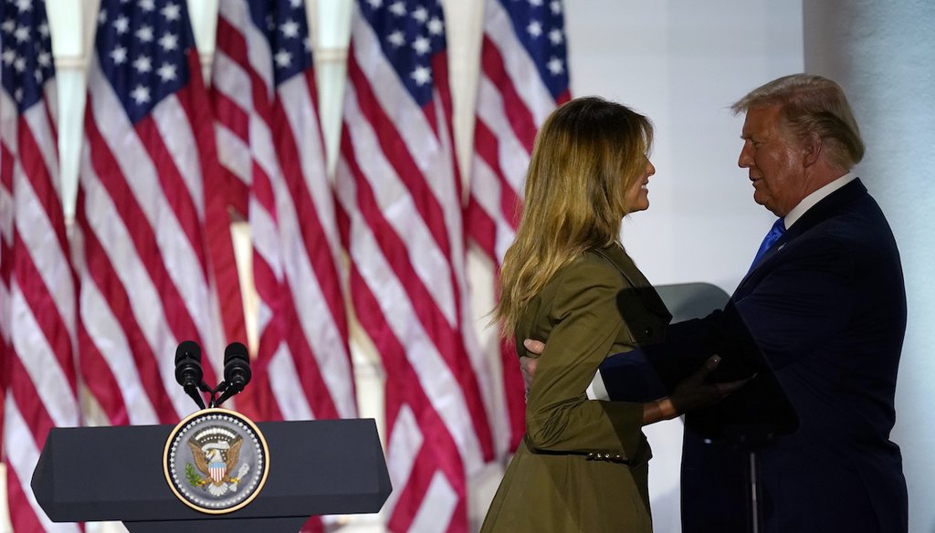 President Donald Trump joins first lady Melania Trump on stage after her speech to the 2020 Republican National Convention from the Rose Garden of the White House Aug. 25, 2020, in Washington. (AP)