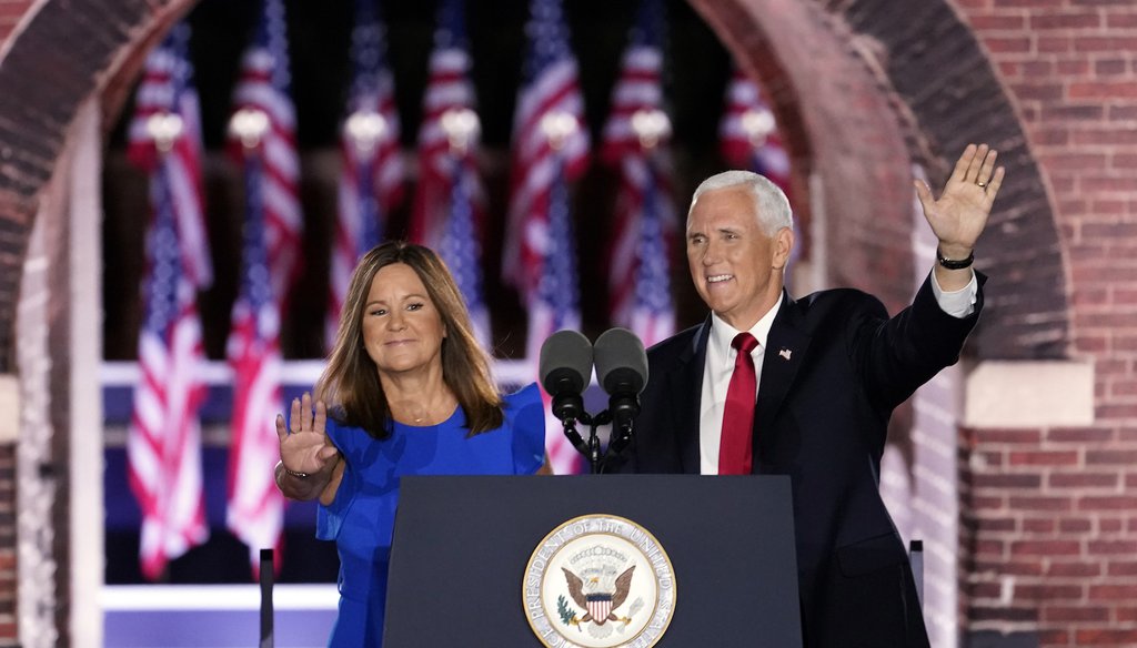 Vice President Mike Pence arrives with his wife Karen Pence to speak on the third day of the Republican National Convention at Fort McHenry National Monument and Historic Shrine in Baltimore, Wednesday, Aug. 26, 2020. (AP Photo/Andrew Harnik)