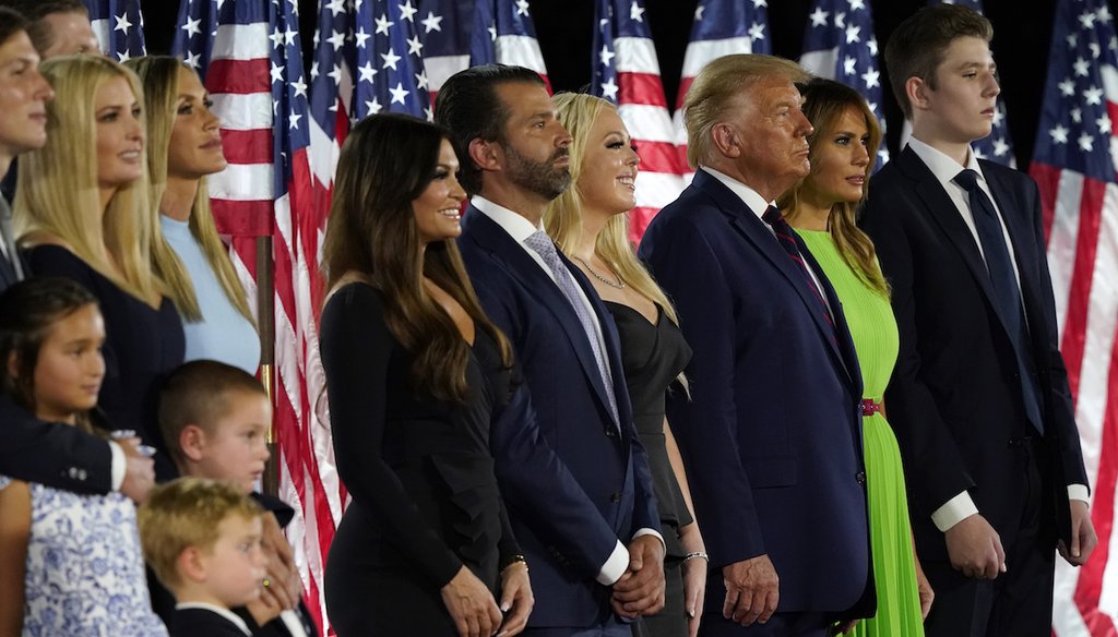 President Donald Trump and his family stand on the stage on the South Lawn of the White House on the fourth day of the Republican National Convention, Thursday, Aug. 27, 2020, in Washington. (AP)