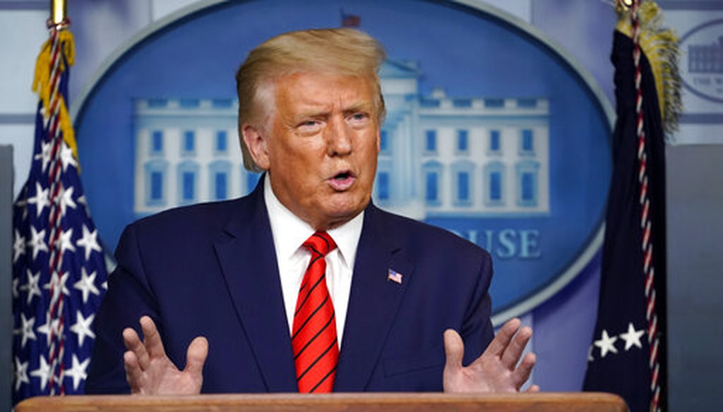 President Donald Trump speaks at a news conference in the James Brady Press Briefing Room at the White House on Aug. 31, 2020, in Washington. (AP/Harnik)