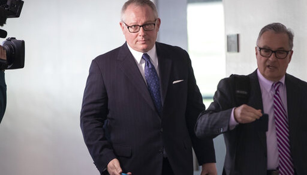 Former Donald Trump campaign official Michael Caputo, now the Department of Health and Human Services' assistant secretary of public affairs, is shown leaving Capitol Hill in Washington after being interviewed by Senate Intelligence Committee staff on May