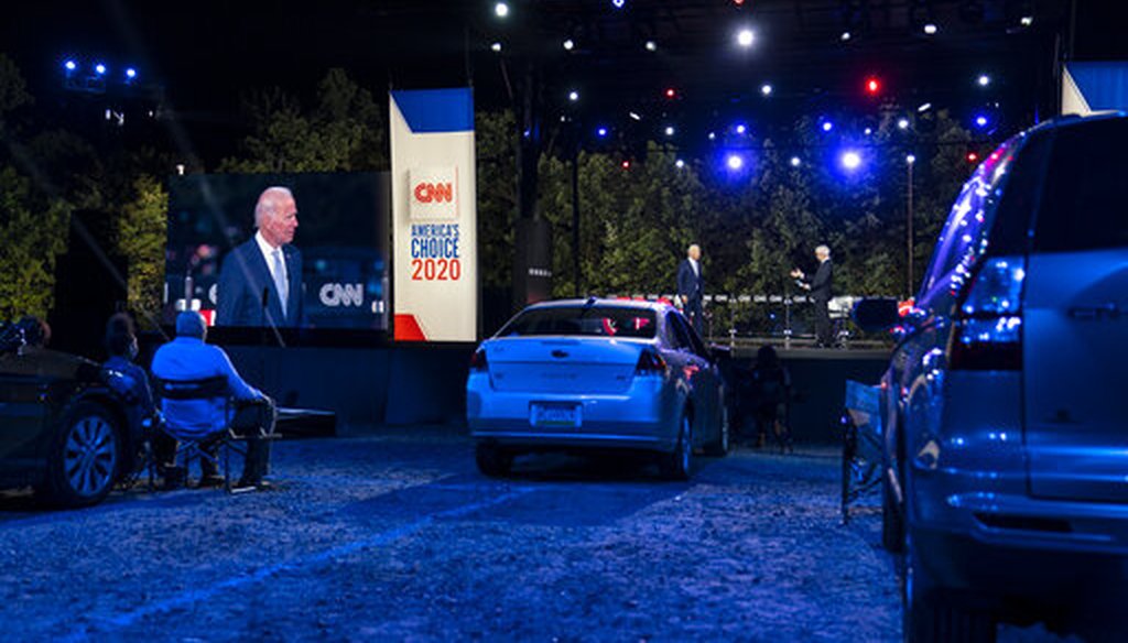 Democratic presidential candidate former Vice President Joe Biden participates in a CNN drive-in town hall moderated by Anderson Cooper in Moosic, Pa., Sept. 17, 2020. (AP/Carolyn Kaster)