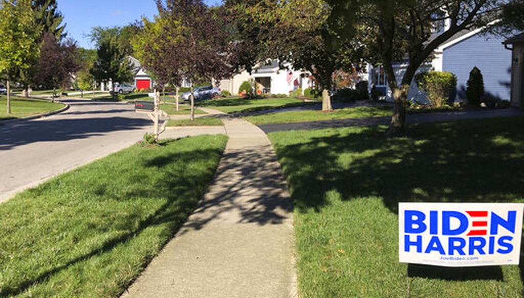 A Biden campaign sign in front of a suburban home in Dublin, Ohio, on Sept. 18, 2020. (AP)