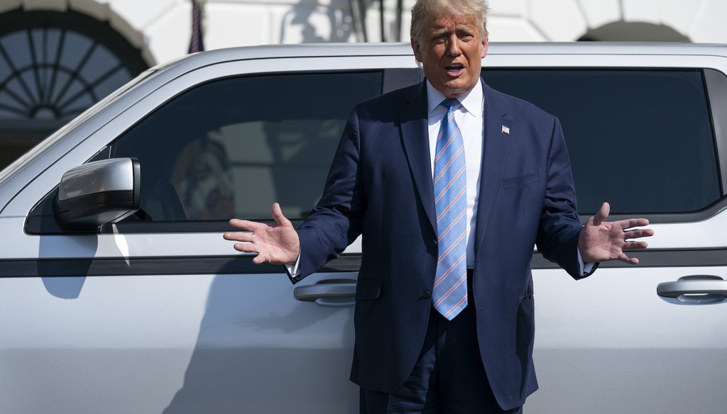 President Donald Trump talks about the Endurance all-electric pickup truck, made in Lordstown, Ohio, at the White House on Sept. 28, 2020. (AP)