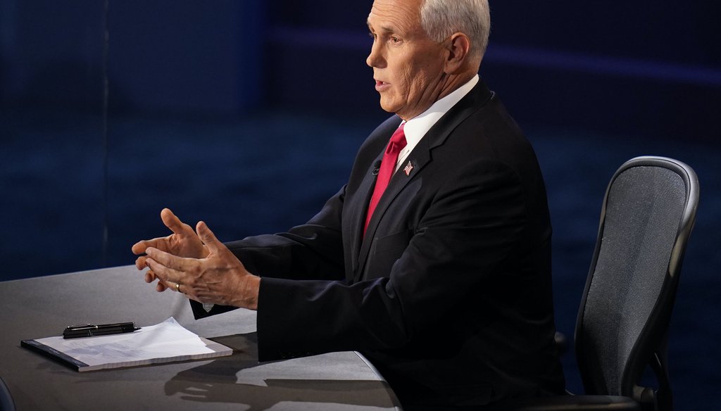 Vice President Mike Pence responds during the vice presidential debate with Democratic vice presidential candidate Sen. Kamala Harris, D-Calif., on Oct. 7, 2020, at Kingsbury Hall on the campus of the University of Utah in Salt Lake City. (AP)