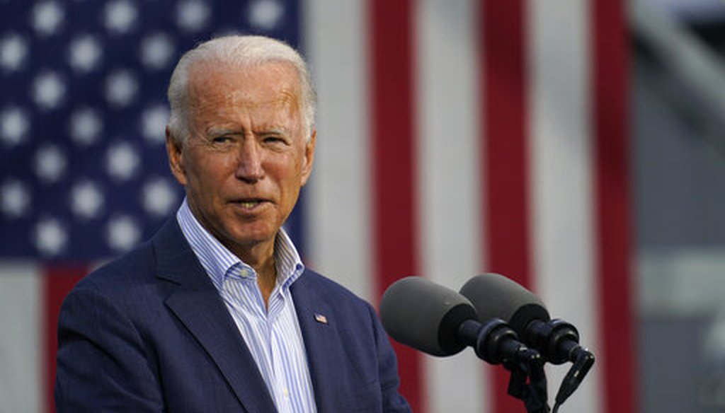 Democratic presidential candidate and former Vice President Joe Biden speaks at the Plumbers Local Union No. 27 training center, on Oct. 10, 2020, in Erie, Pa. (AP/Kaster)