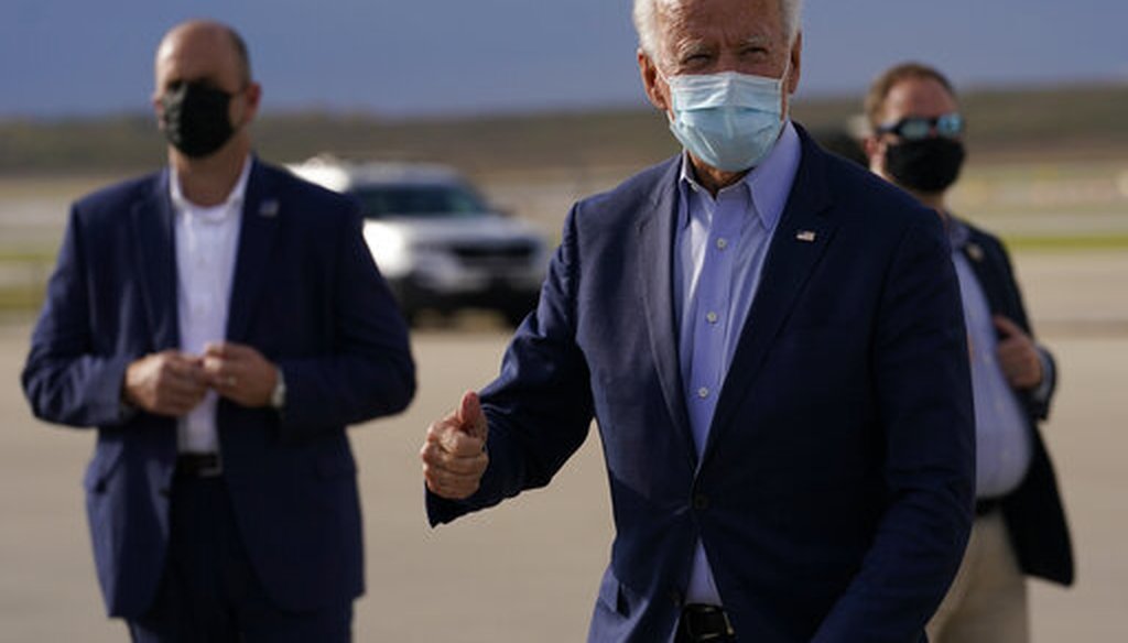 Democratic presidential candidate and former Vice President Joe Biden arrives at Cincinnati/Northern Kentucky International Airport, in Hebron, Ky., on Oct. 12, 2020. (AP/Kaster)