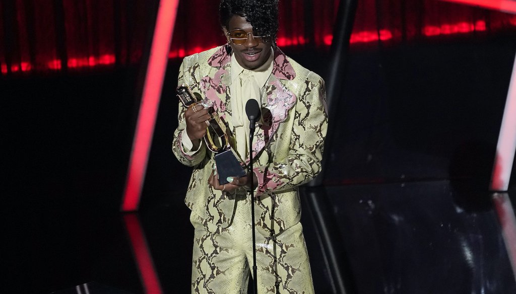 Lil Nas X accepts the award for top hot 100 song for "Old Town Road"at the Billboard Music Awards on Wednesday, Oct. 14, 2020, at the Dolby Theatre in Los Angeles. (AP Image)