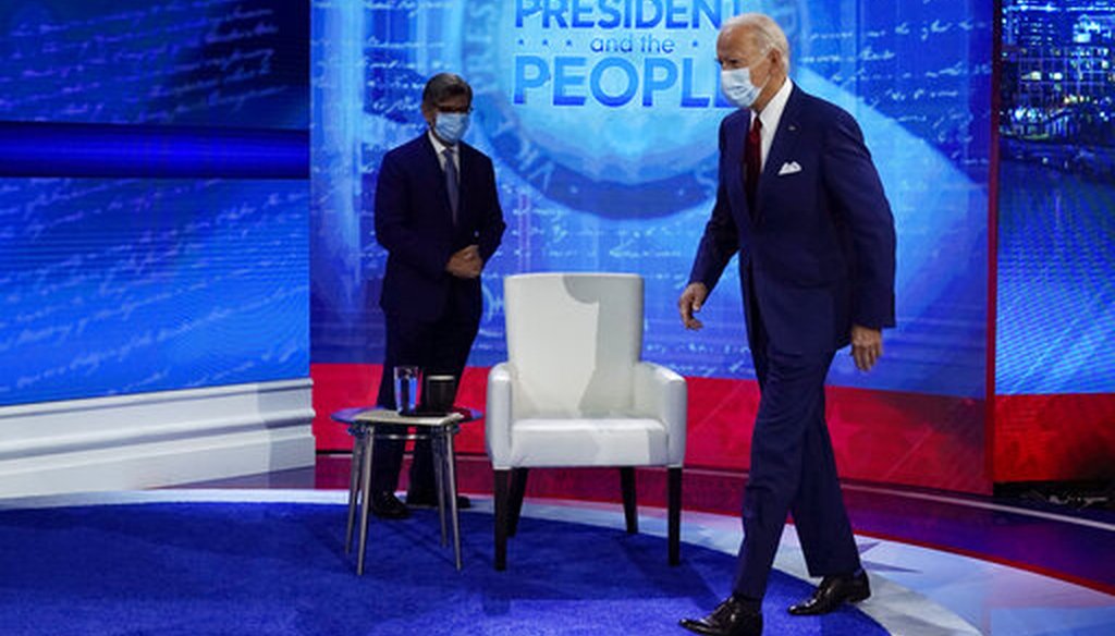 Democratic presidential candidate Joe Biden arrives to participate in a town hall with ABC News anchor George Stephanopoulos in Philadelphia on Oct. 15, 2020. (AP)