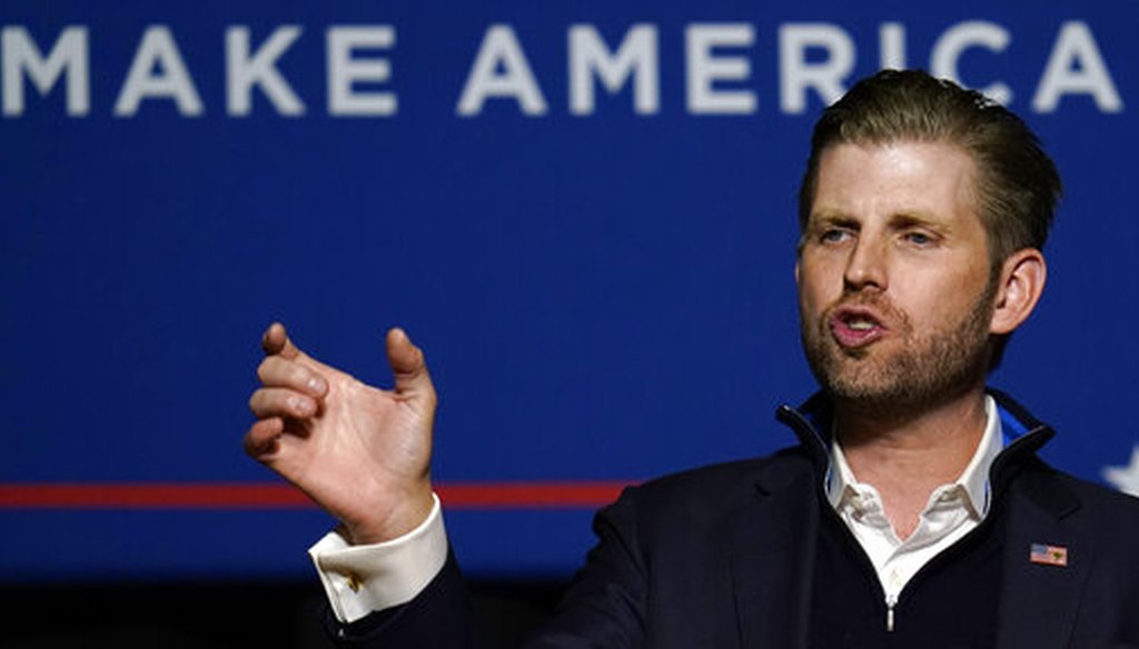 Eric Trump, son of President Donald Trump, speaks at a campaign rally on Oct. 19, 2020, in Manchester, N.H. (AP/Krupa)