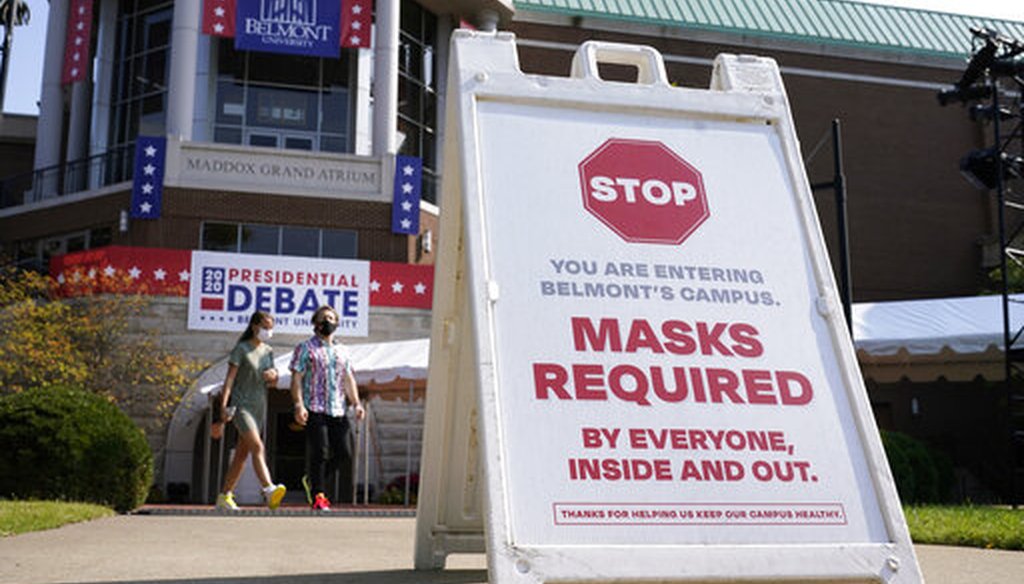A sign greets visitors outside the Curb Event Center at Belmont University as preparations take place for the second Presidential debate on Oct. 20, 2020, in Nashville, Tenn. (AP)