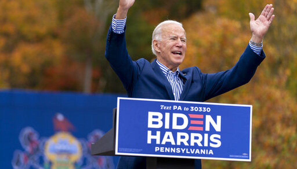 Democratic presidential candidate Joe Biden speaks at a drive-in campaign stop at Bucks County Community College in Bristol, Pa., Oct. 24, 2020. (AP)