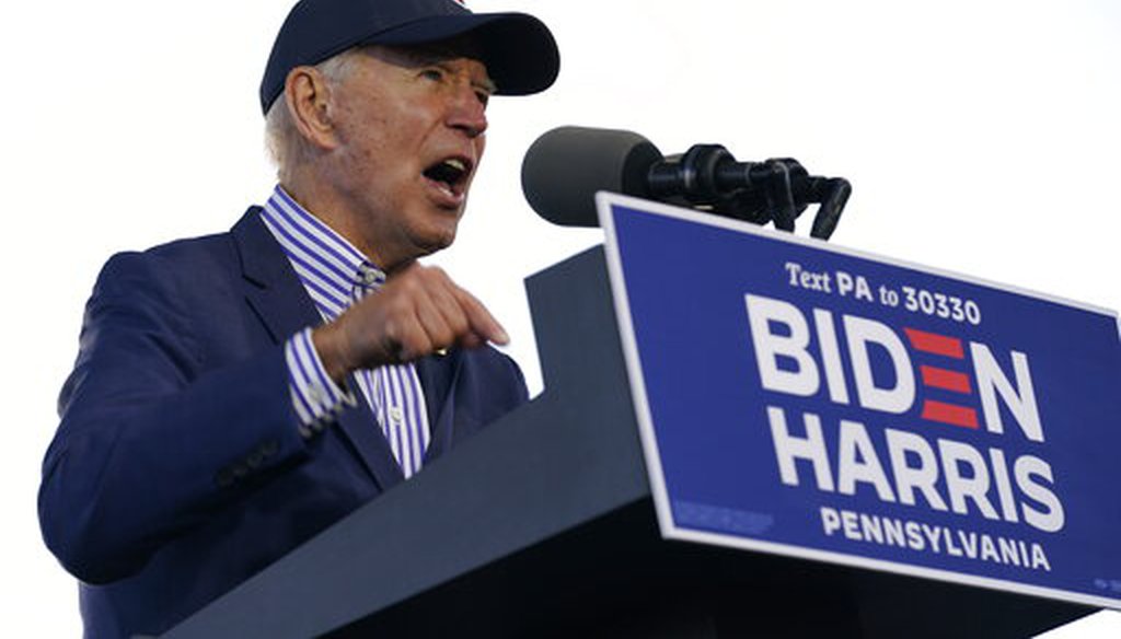 Democratic presidential candidate Joe Biden speaks at a campaign event in Dallas, Pa., on Oct. 24, 2020. (AP)
