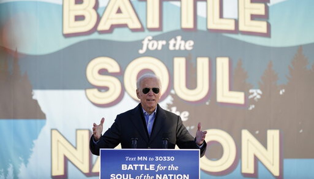 Democratic presidential candidate Joe Biden speaks at a rally at the Minnesota State Fairgrounds in St. Paul, Minn., on Oct. 30, 2020. (AP)