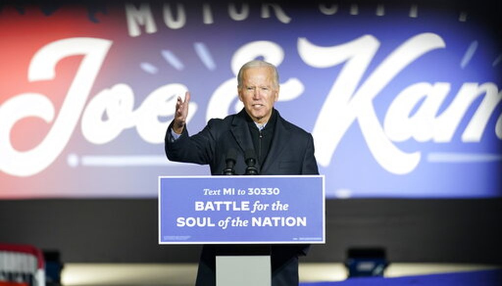 Democratic presidential candidate former Vice President Joe Biden speaks at a rally at Belle Isle Casino in Detroit, Mich., Oct. 31, 2020, which former President Barack Obama also attended. (AP)