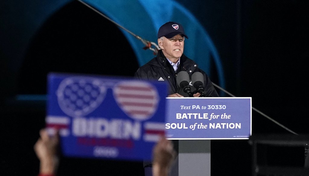 Democratic presidential candidate Joe Biden speaks at a drive-in rally at Franklin Delano Roosevelt Park on Nov. 1, 2020, in Philadelphia. (AP)