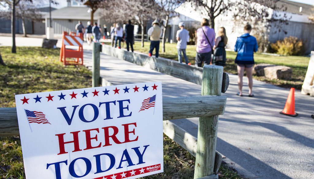 Patrons of the Gallatin County Fairgrounds wait in line to cast their ballots in Bozeman, Mont., on Nov. 3, 2020. (AP)