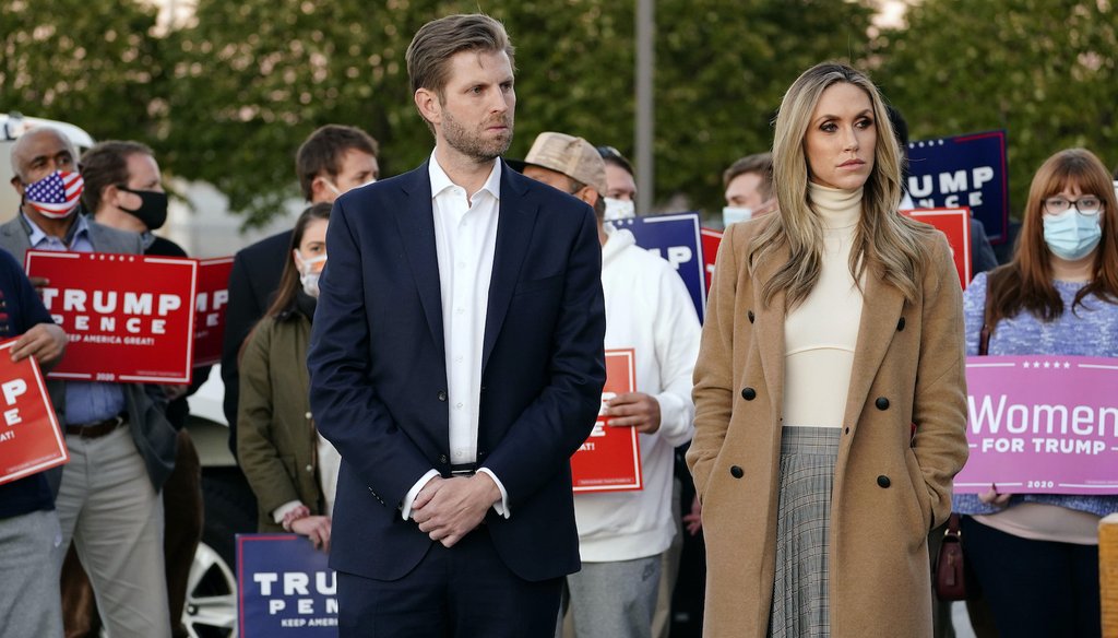 Eric Trump, son of President Trump, and his wife Lara Trump on Nov. 4, 2020.