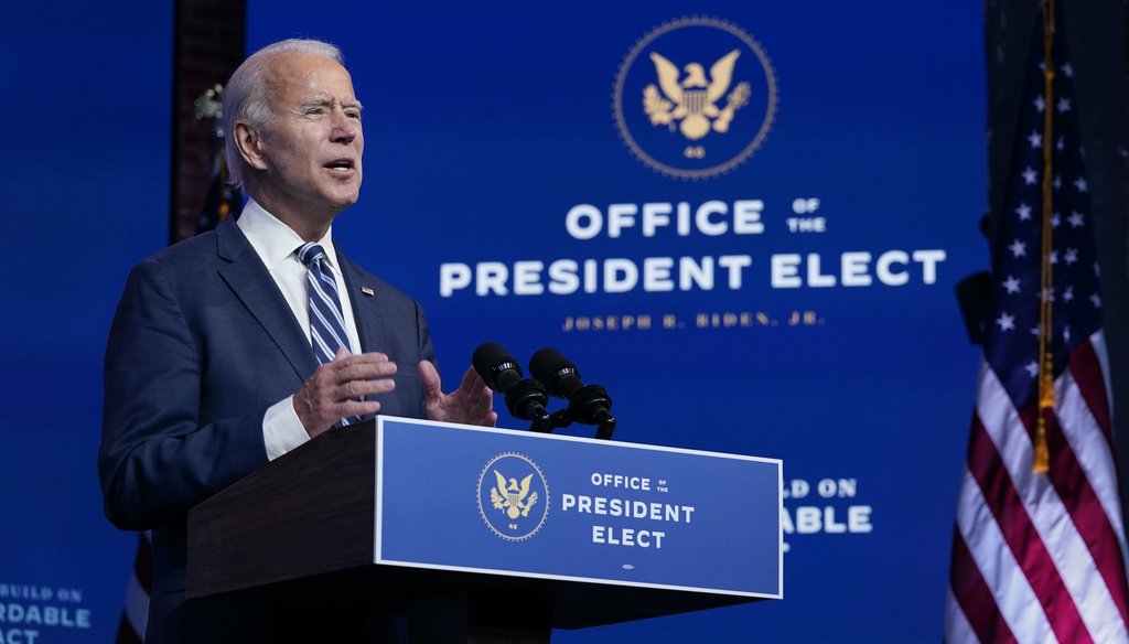 President-elect Joe Biden speaks at The Queen theater on Nov. 10, 2020, in Wilmington, Del. (AP)