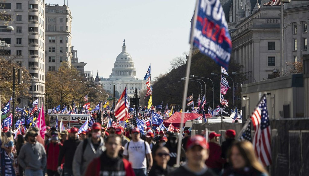 Trump supporters demonstrate near Freedom Plaza during the Million MAGA March protest on Nov. 14, 2020, in Washington D.C. (MediaPunch Standard via AP)