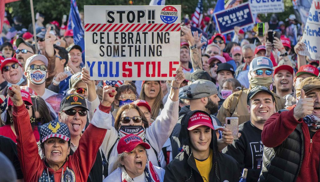 Trump supporters demonstrate outside the Supreme Court during the Million MAGA March on Nov. 14, 2020, in Washington, D.C. (MediaPunch Standard via AP)