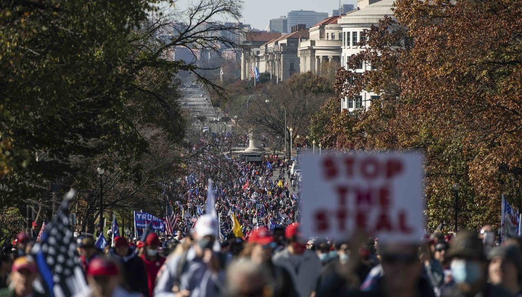 Trump supporters march toward the Supreme Court during the Million MAGA March on Nov. 14, 2020, in Washington. (MediaPunch Standard via AP)