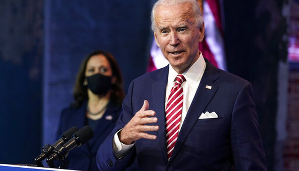 President-elect Joe Biden, accompanied by Vice President-elect Kamala Harris, speaks at The Queen theater on Nov. 16, 2020, in Wilmington, Del. (AP/Harnik)