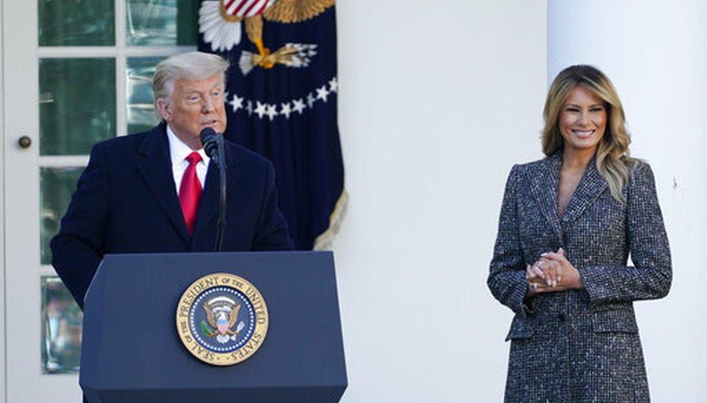 President Donald Trump speaks before pardoning the national Thanksgiving turkey on Nov. 24, 2020, as first lady Melania Trump watches. (AP)
