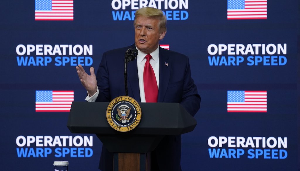 Then-President Donald Trump speaks during an "Operation Warp Speed Vaccine Summit" on the White House complex on Dec. 8, 2020, in Washington. (AP/Vucci)