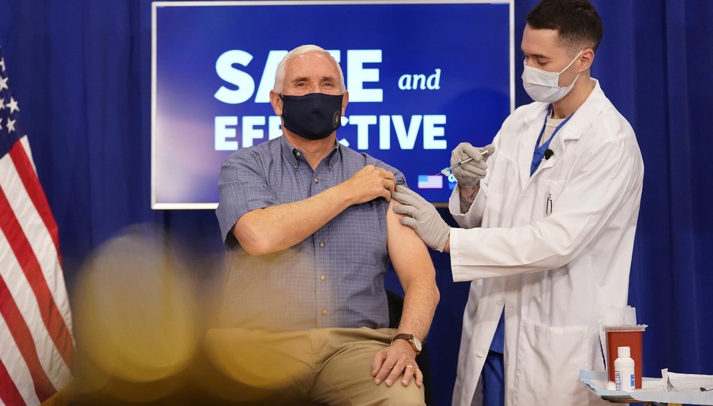Vice President Mike Pence receives a Pfizer-BioNTech COVID-19 vaccine shot at the Eisenhower Executive Office Building on the White House complex Dec. 18, 2020, in Washington. (AP)